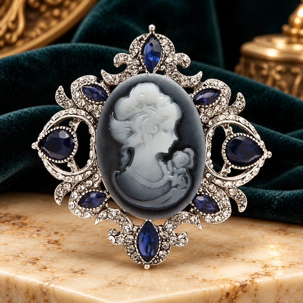 Navy Jeweled Cameo Portrait Brooch — styled background