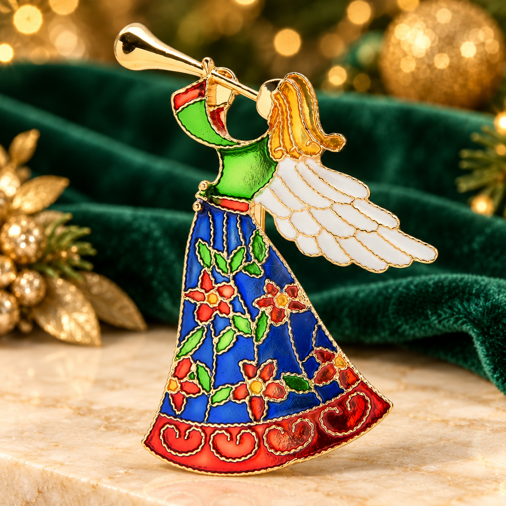 Floral Enamel Trumpet Angel Brooch — styled background