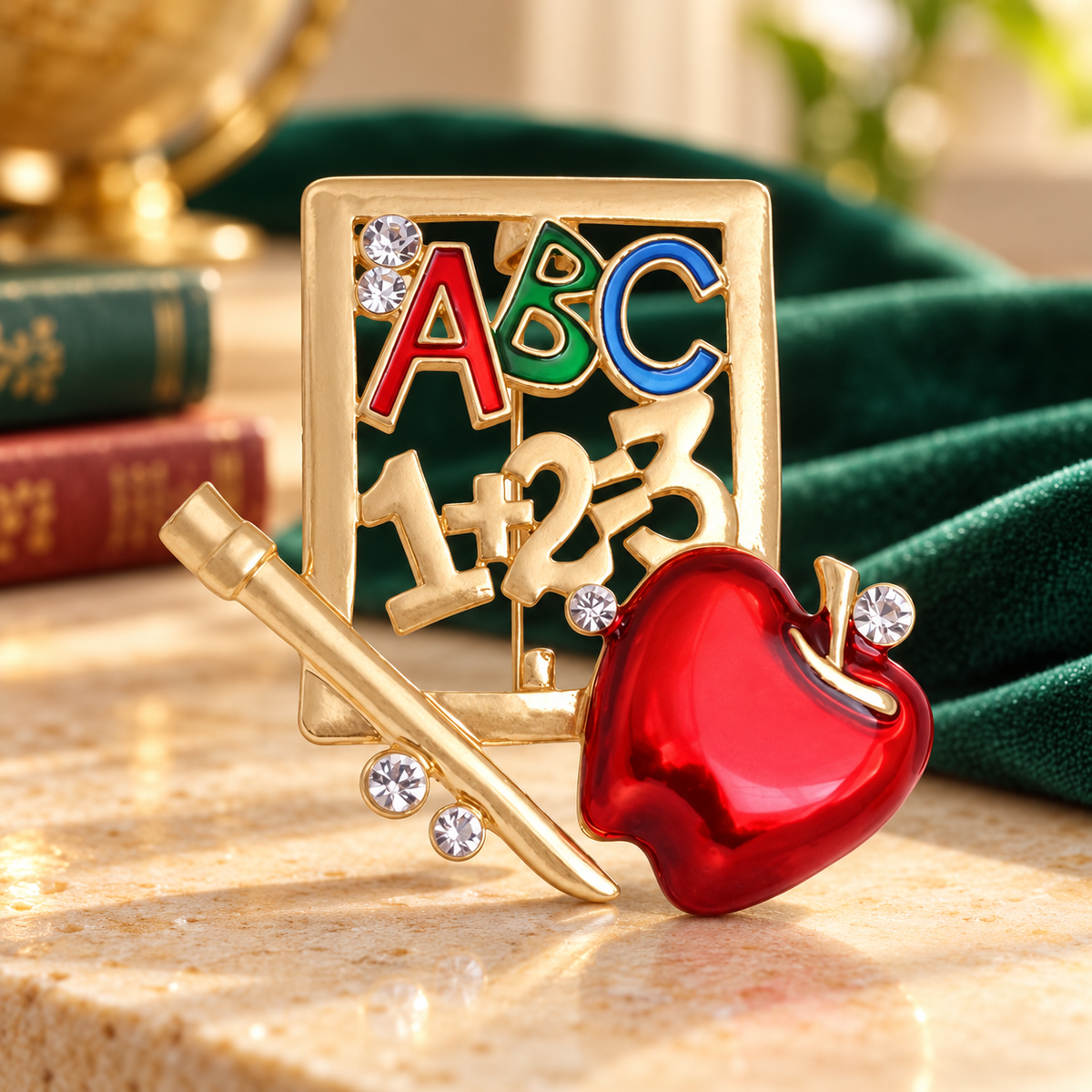 ABC School Board and Apple Brooch — styled background