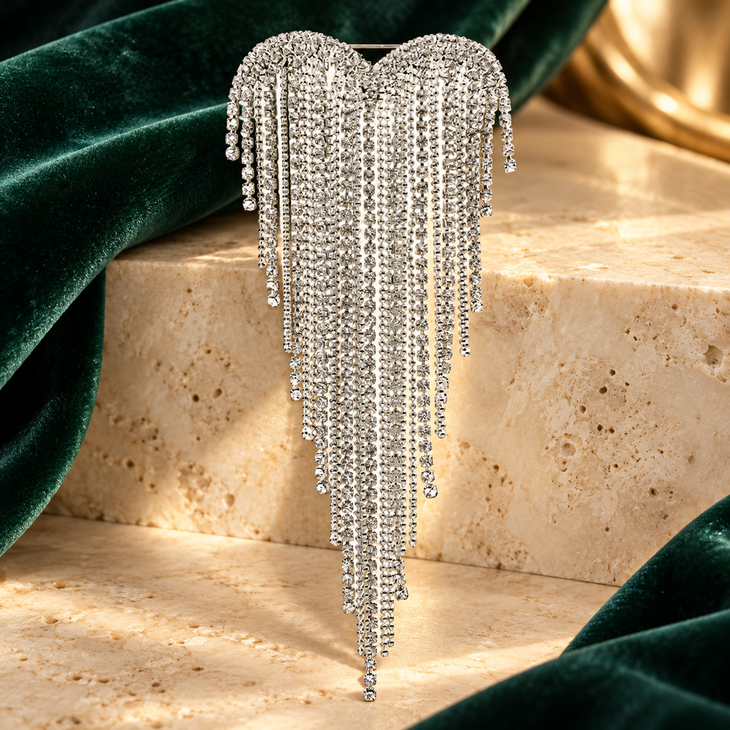 Jeweled Heart with Cascading Fringe Brooch — styled background