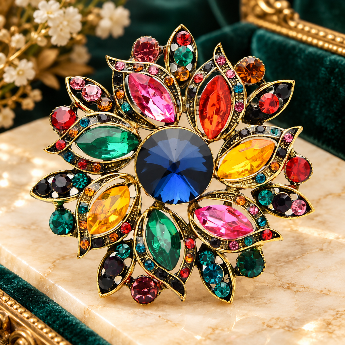 Radiant Marquise Glass Flower Brooch — styled background