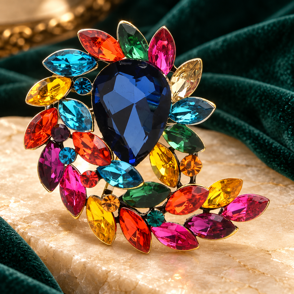 Jeweled Teardrop with Marquise Leaf Spray Brooch — styled background