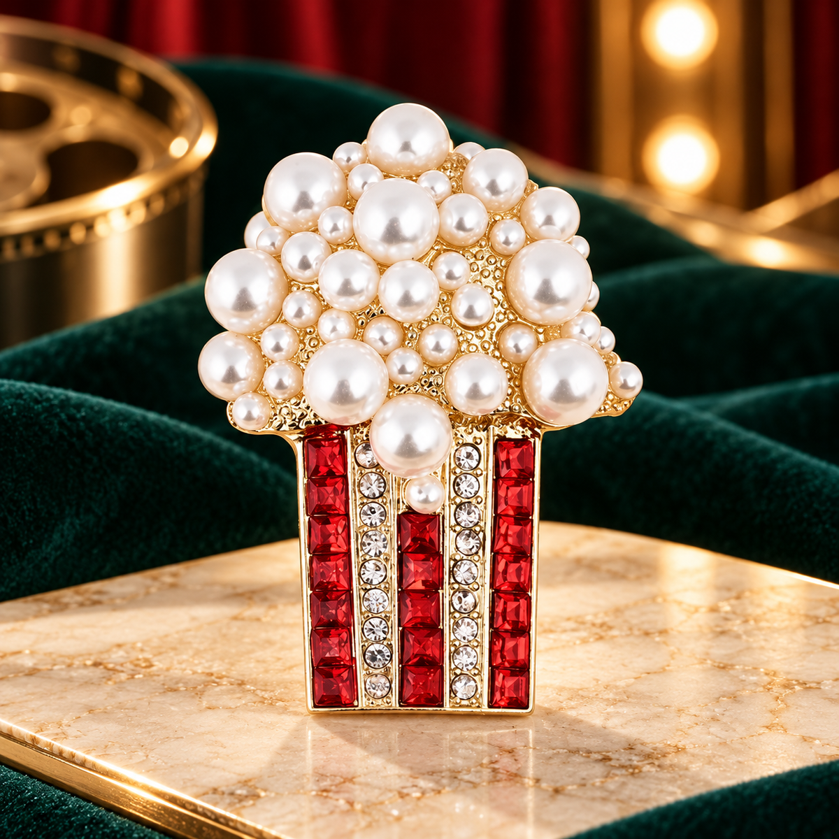 Pearl-Look Popcorn Box Brooch — styled background