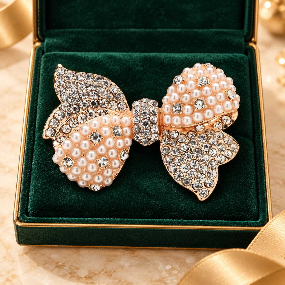 Pearl-Look Rhinestone Bow Brooch — styled background