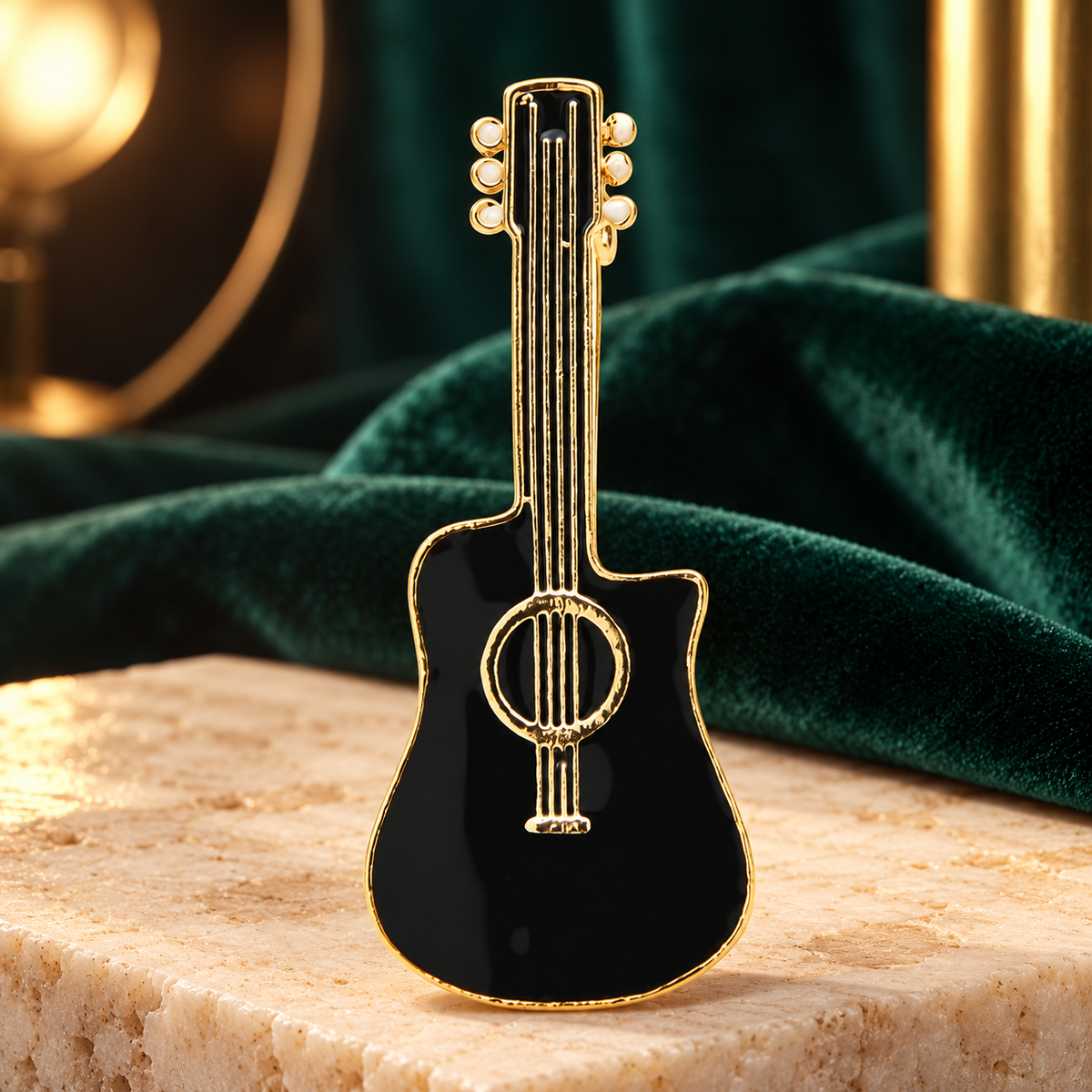 Black Enamel Acoustic Guitar Brooch — styled background