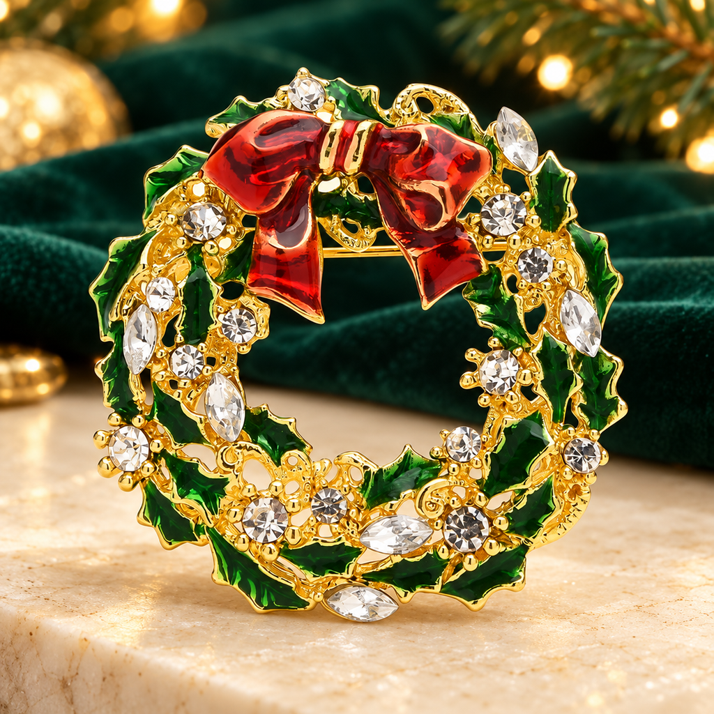 Red Bow Christmas Wreath Brooch — styled background