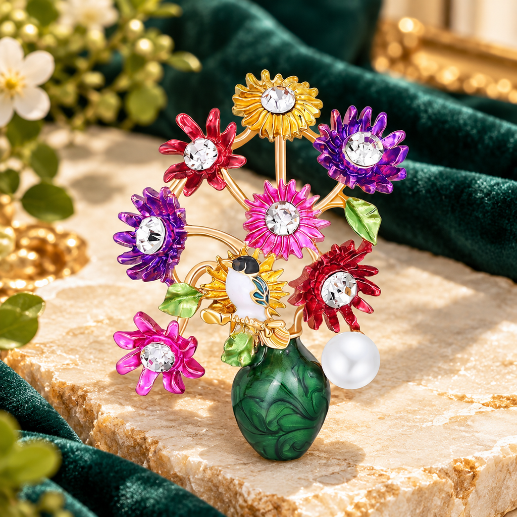 Colorful Enamel Flower Bouquet Brooch — styled background