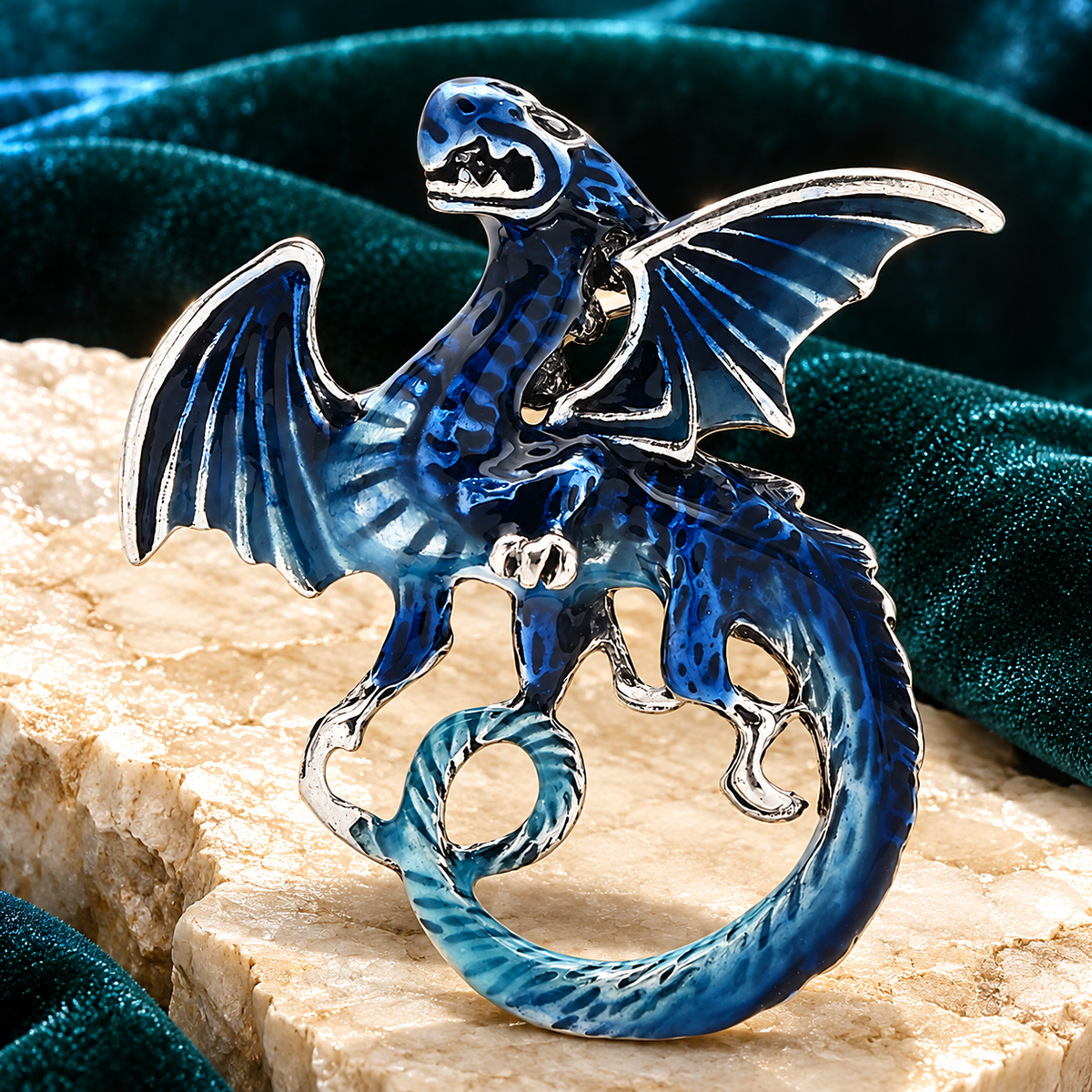 Enamel Dragon with Curled Tail Brooch — styled background
