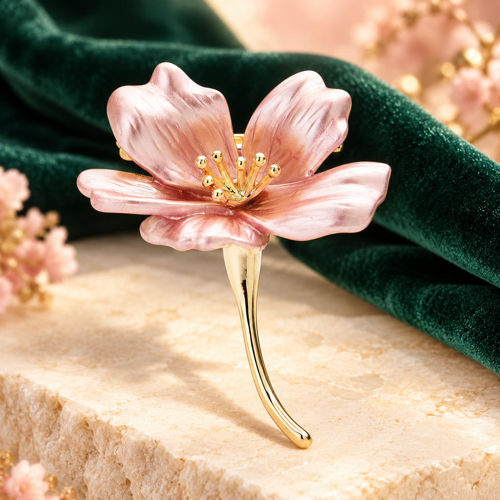Soft Enamel Blossom Stem Brooch — styled background