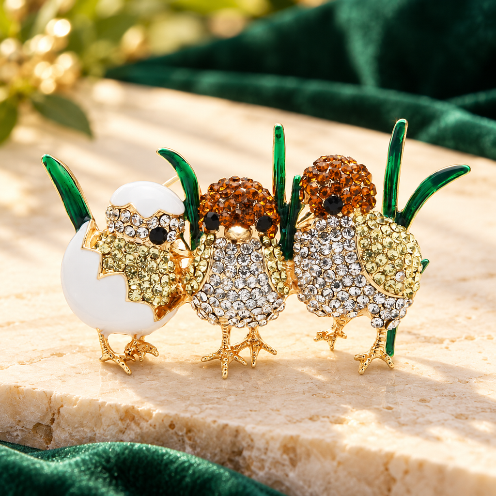 Three Jeweled Chicks in Grass Brooch — styled background