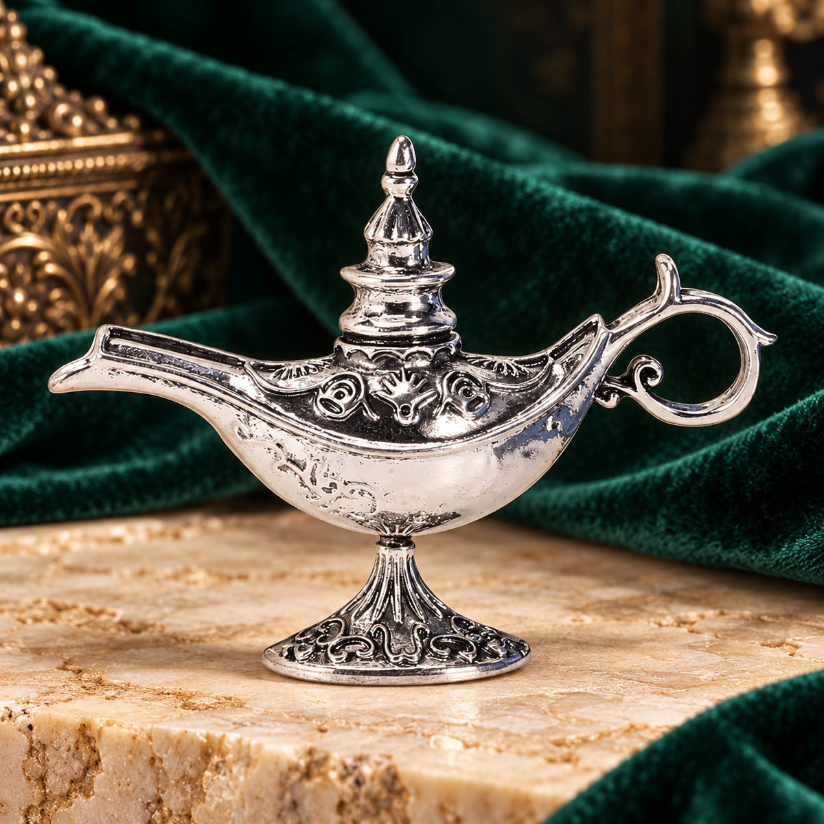 Vintage Ornate Magic Lamp Brooch — styled background