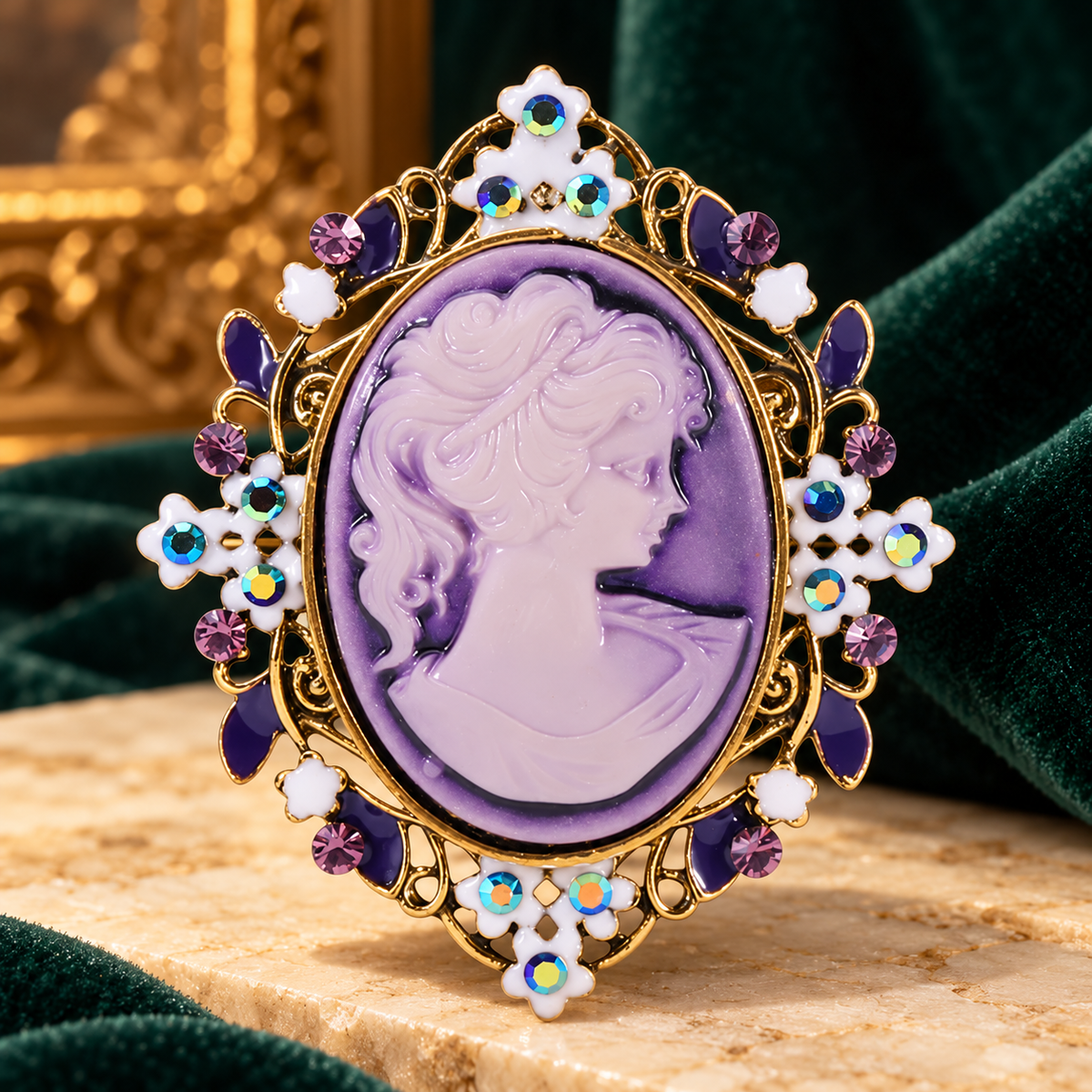 Ornate Jeweled Cameo Portrait Brooch — styled background