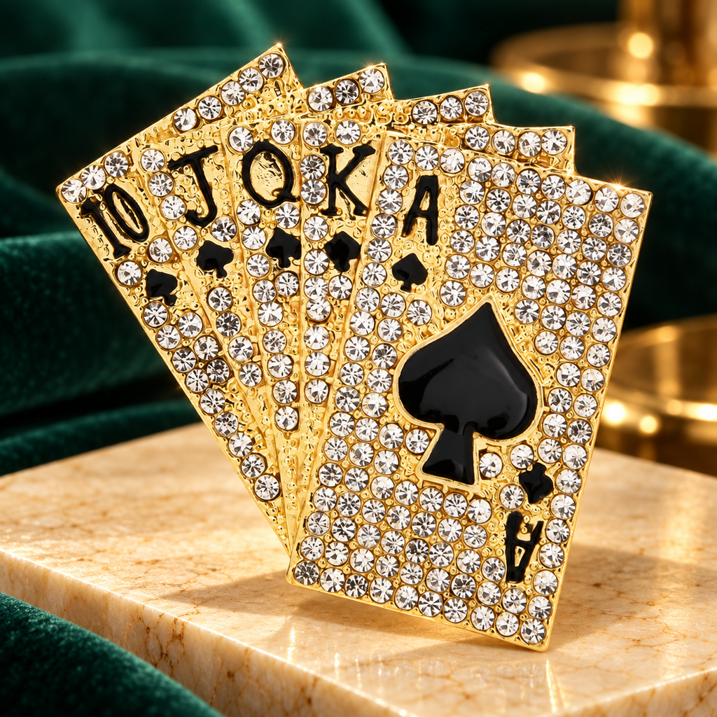 Rhinestone Royal Flush Playing Cards Brooch — styled background