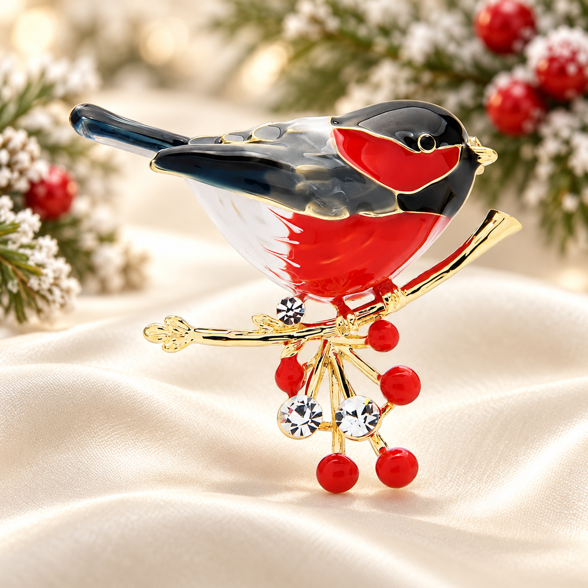 Enamel Bird with Red Berry Charms Brooch — styled background