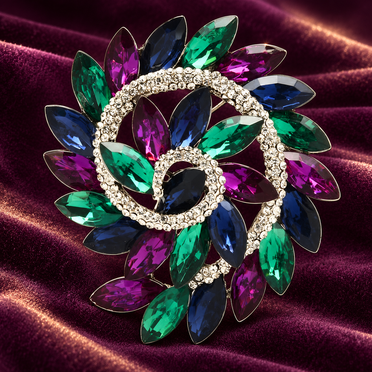 Spiral Marquise Crystal-Look Flower Brooch — styled background