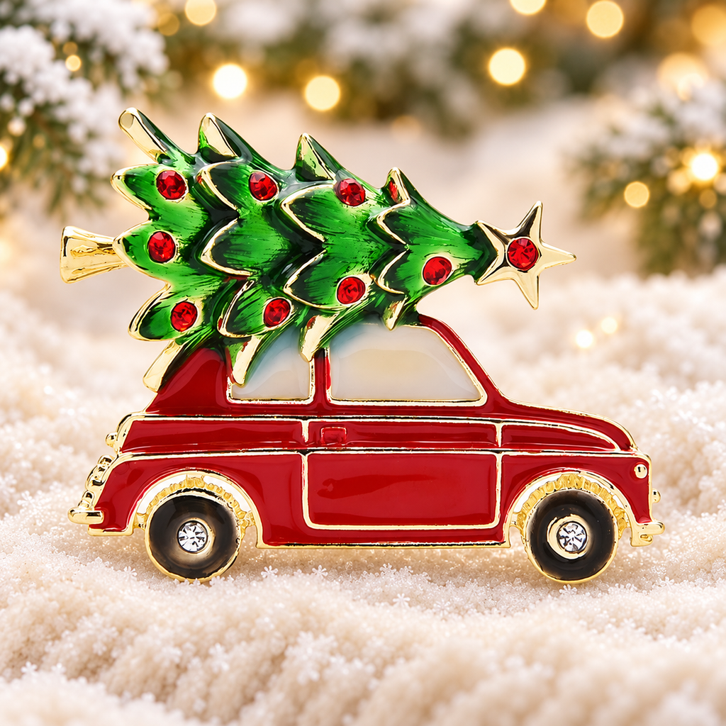 Red Enamel Car with Christmas Tree Brooch — styled background
