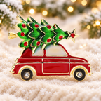 Red Enamel Car with Christmas Tree Brooch — styled background