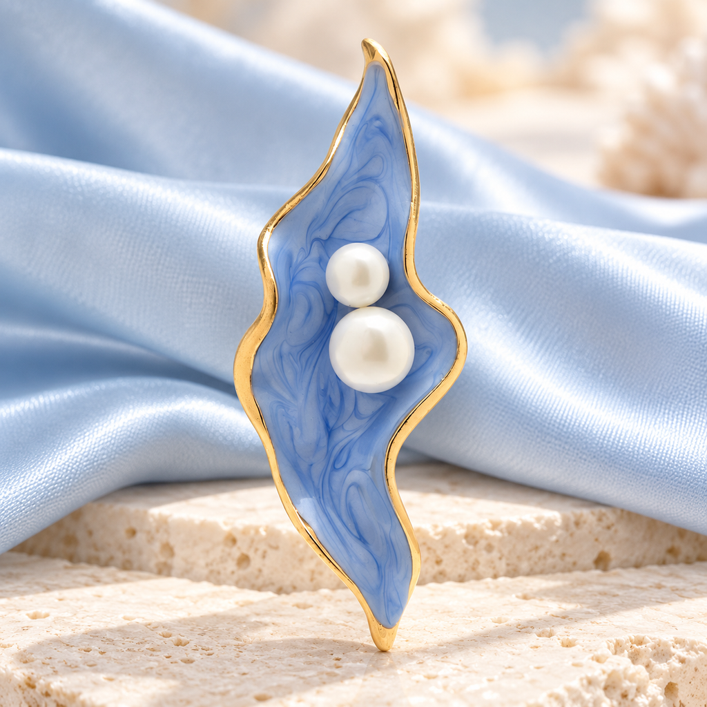 Wavy Enamel Petal with Pearl-Look Beads Brooch — styled background
