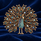 Vintage Jeweled Peacock Fan Brooch — styled background