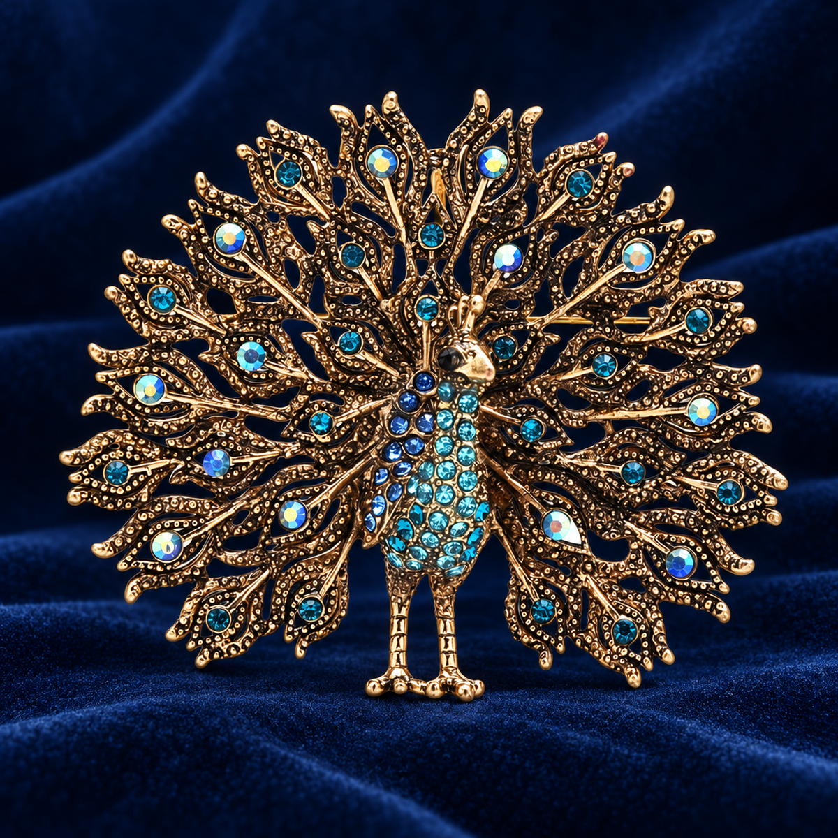 Vintage Jeweled Peacock Fan Brooch — styled background