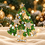Green Jeweled Star Christmas Tree Brooch — styled background