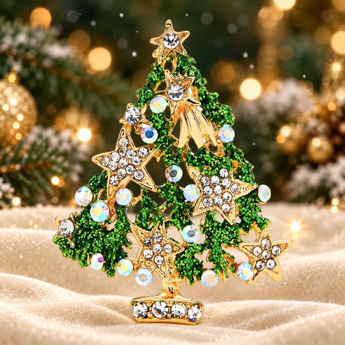 Green Jeweled Star Christmas Tree Brooch — styled background