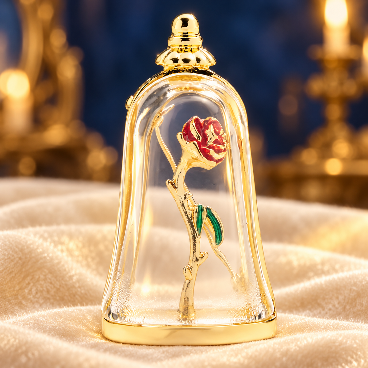 Enamel Rose Under Glass Dome Brooch — styled background