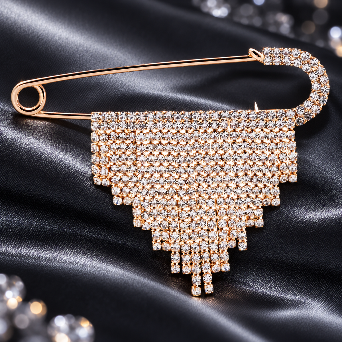 Jeweled Safety Pin with Cascading Fringe Brooch — styled background