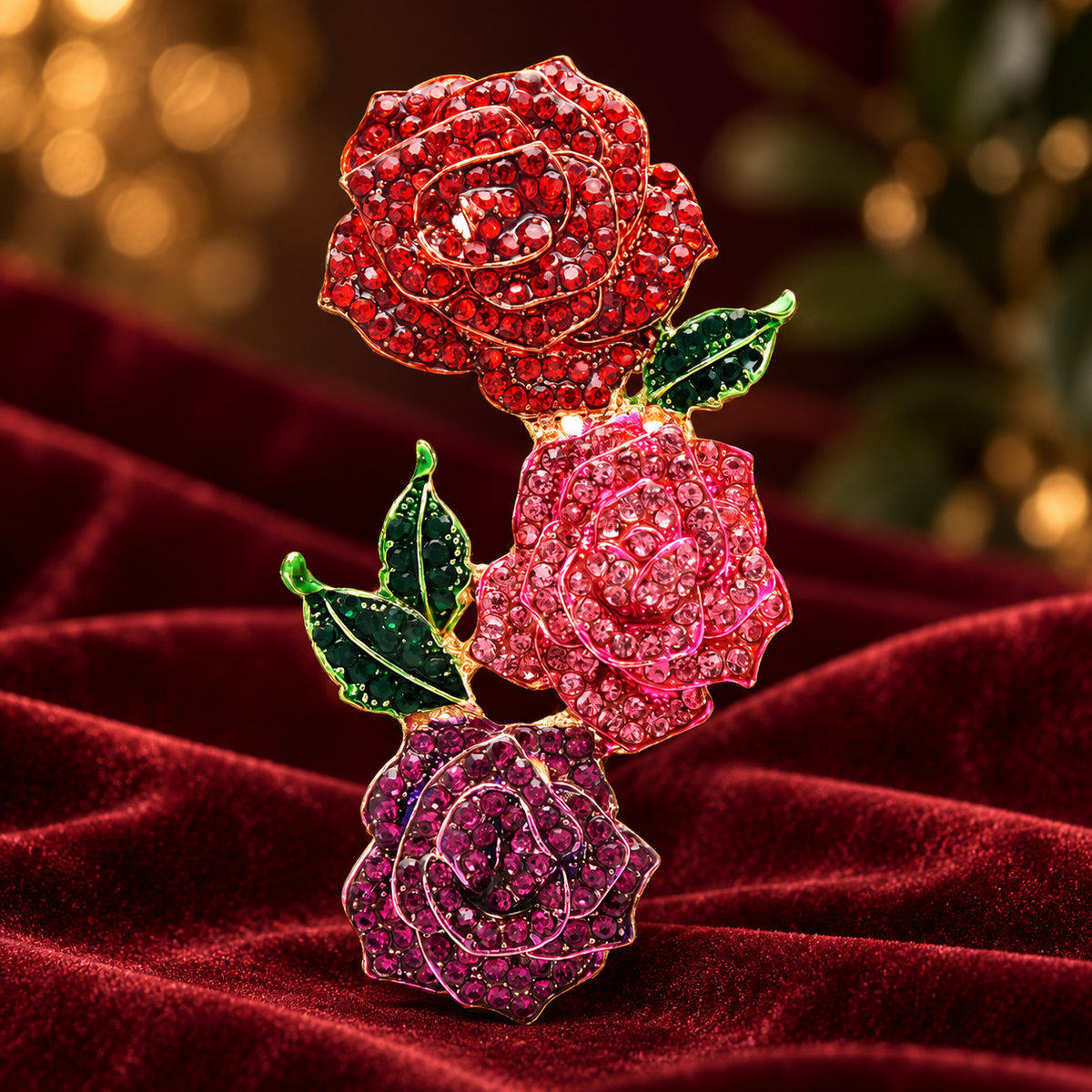Jeweled Three Rose Branch Brooch — styled background