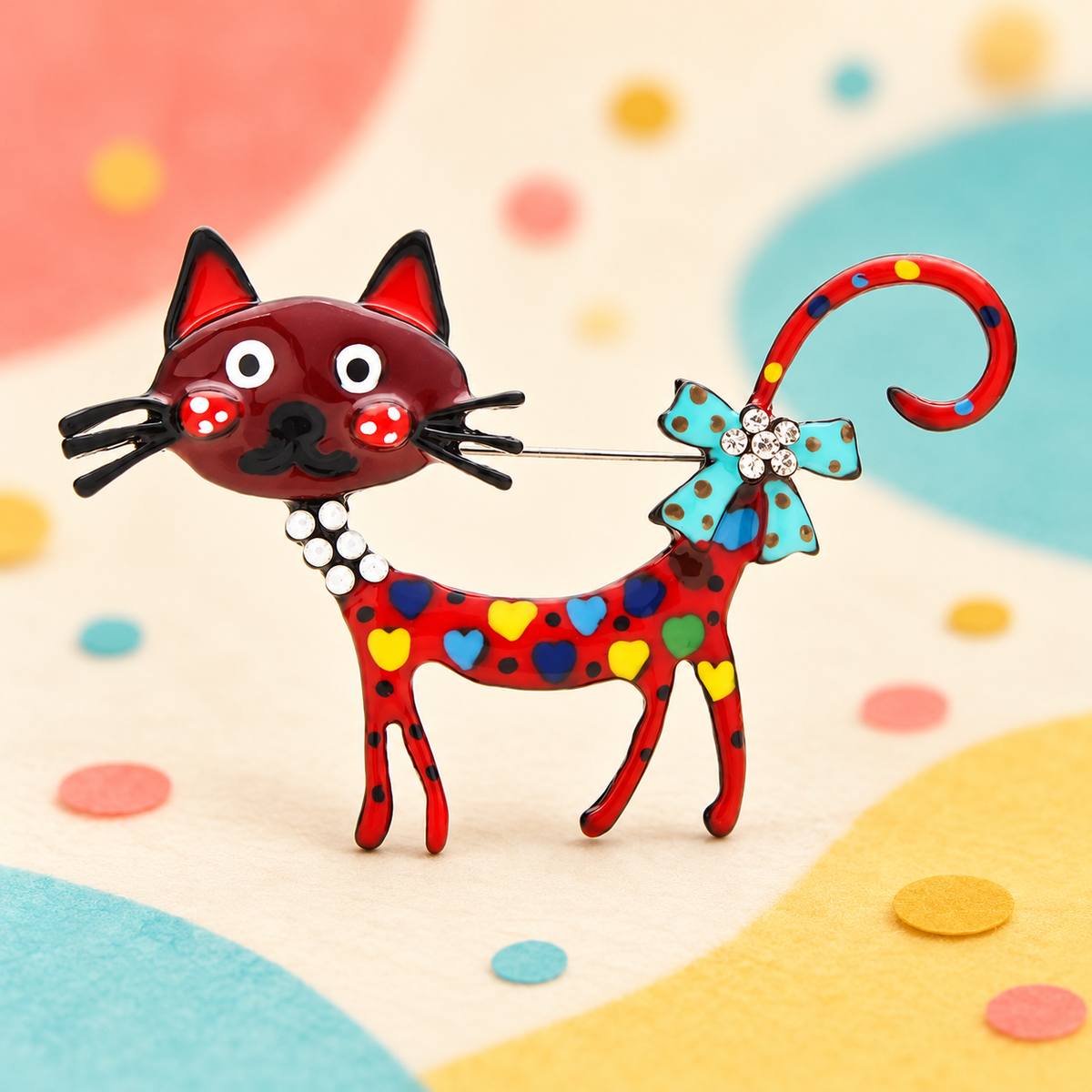 Playful Patchwork Enamel Cat Brooch — styled background
