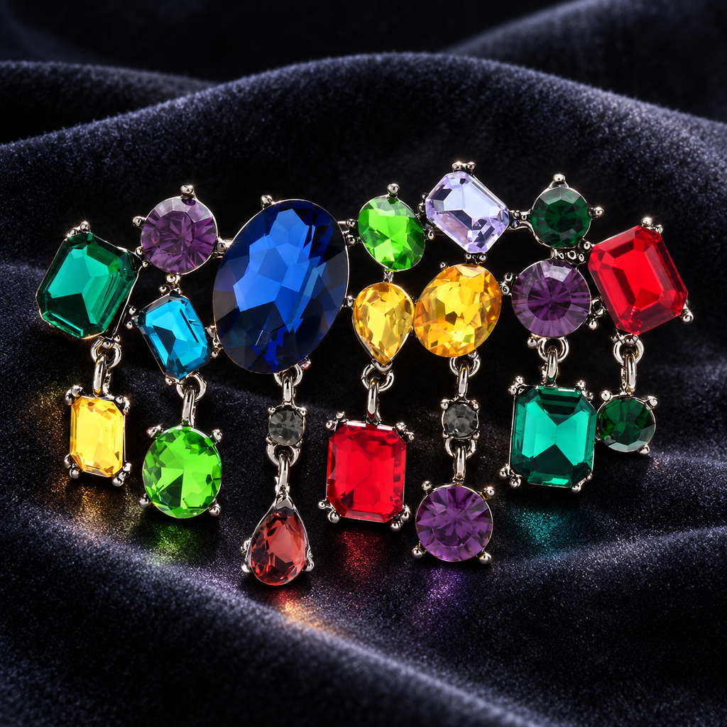 Multicolor Crystal-Look Fringe Brooch — styled background