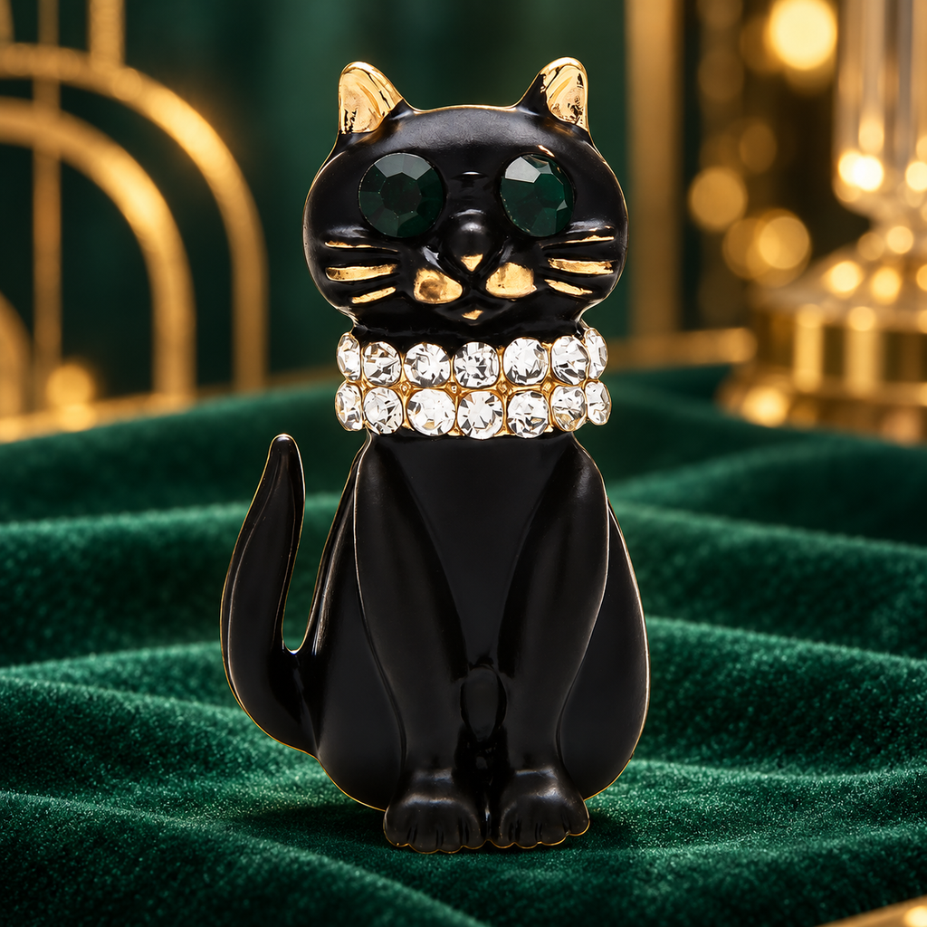 Black Enamel Cat with Jeweled Collar Brooch — styled background