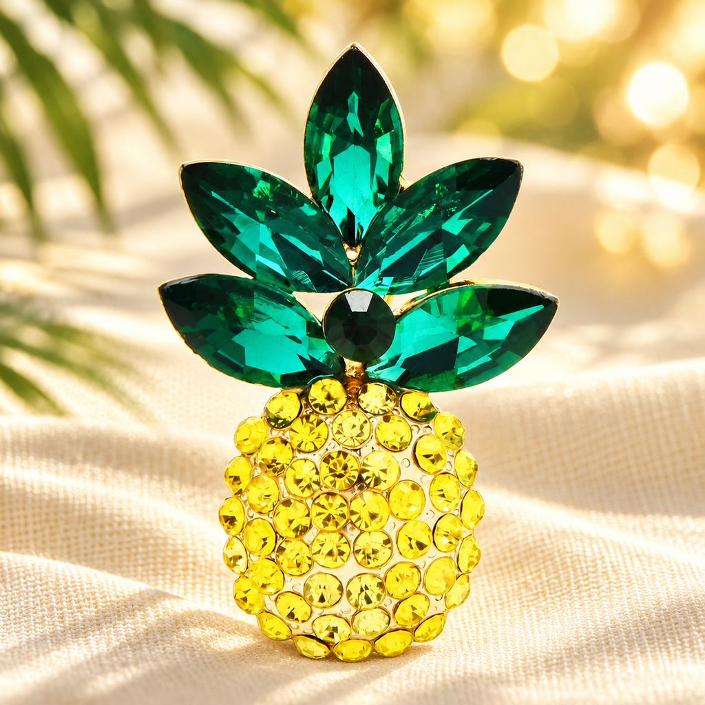Yellow and Green Jeweled Pineapple Brooch — styled background