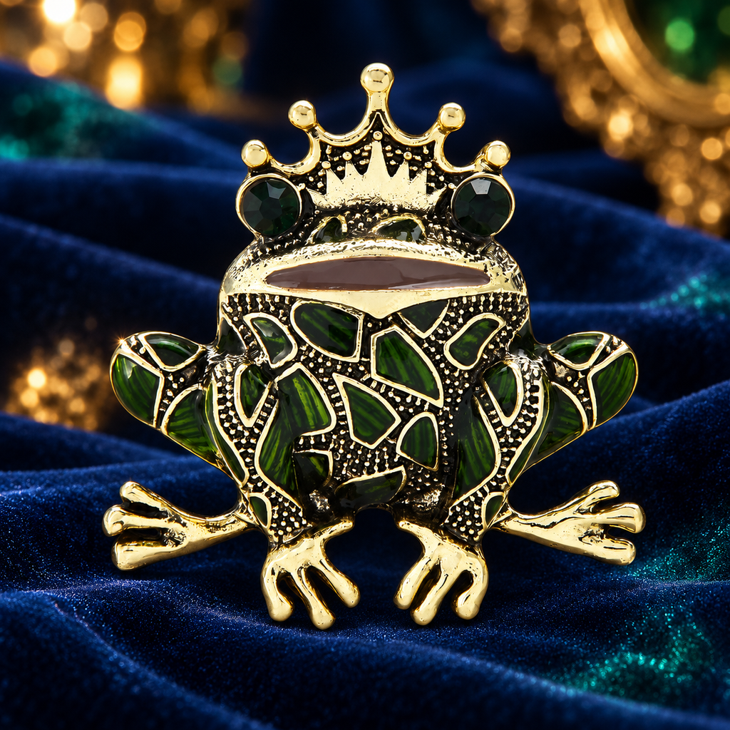 Green Enamel Frog Prince Brooch — styled background