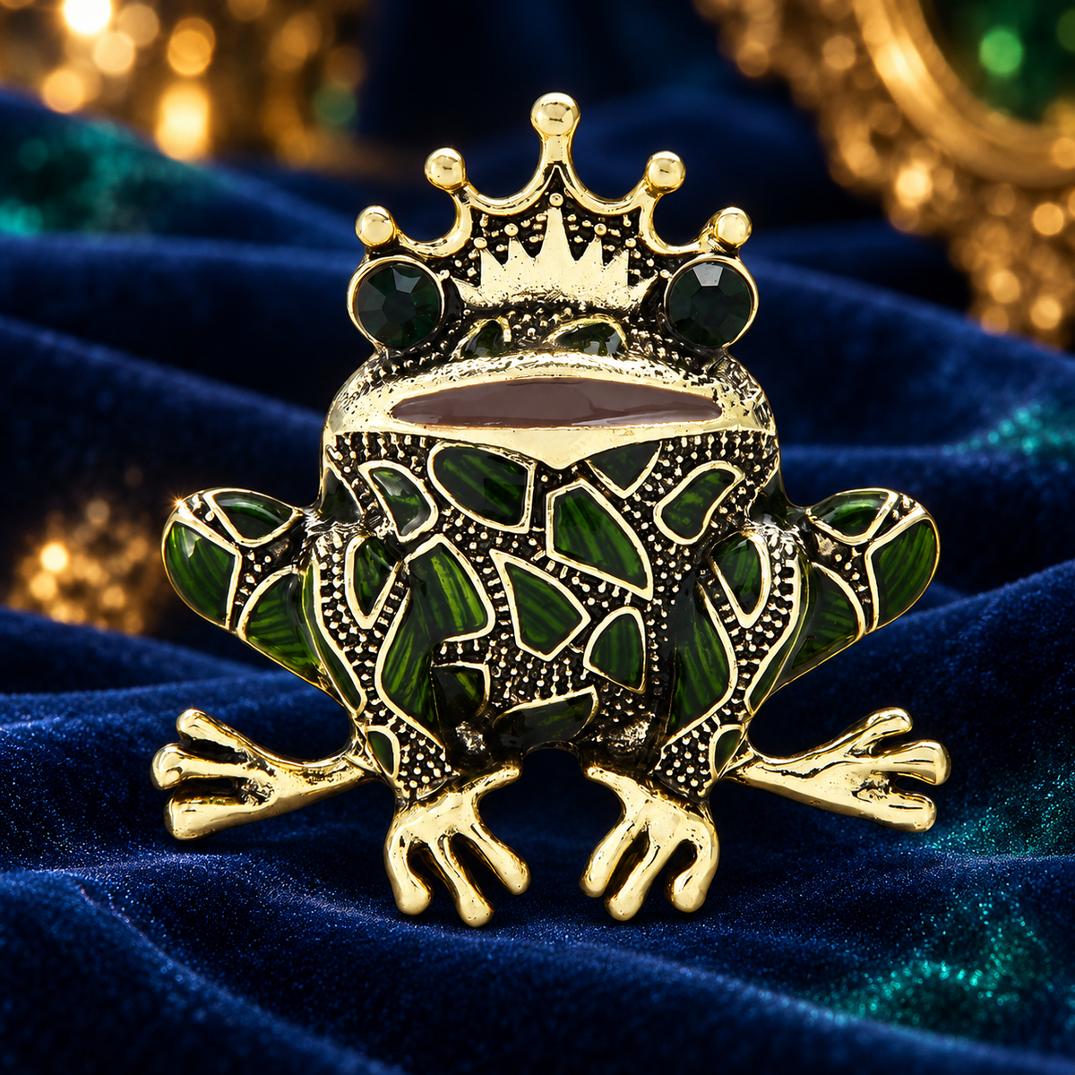 Green Enamel Frog Prince Brooch — styled background