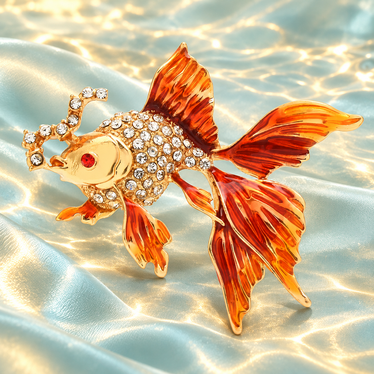 Flowing Tail Enamel Goldfish Brooch — styled background