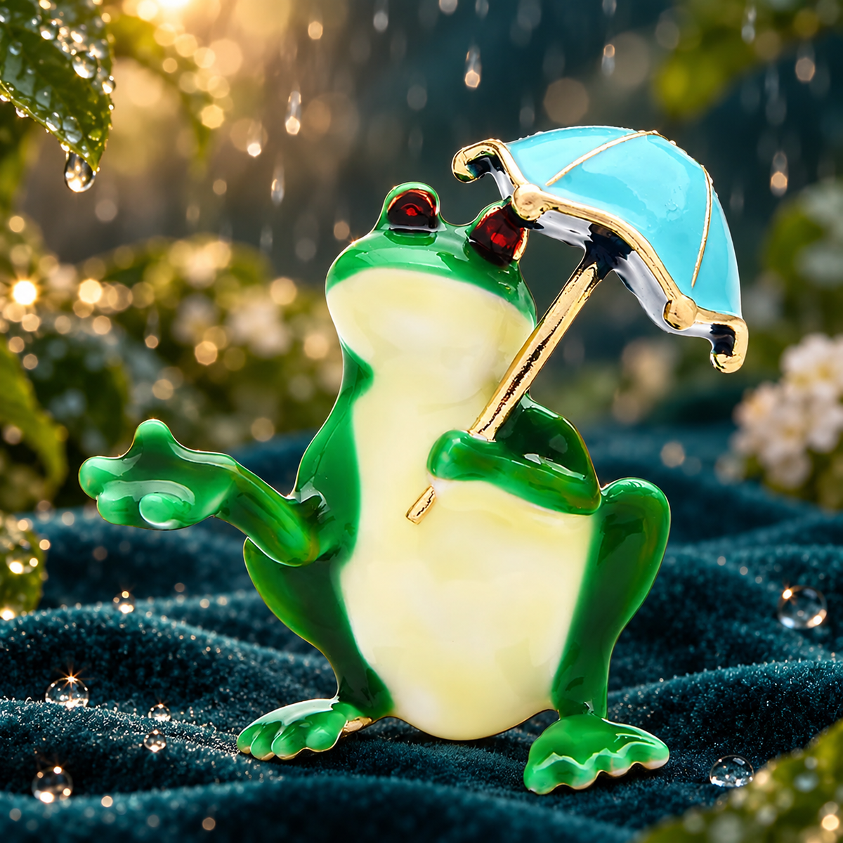 Dancing Frog with Umbrella Brooch — styled background