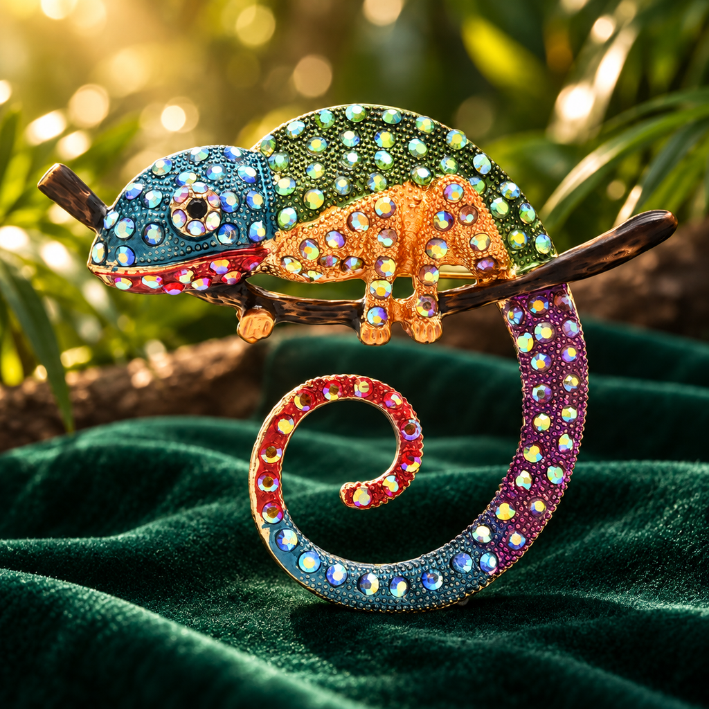 Multicolor Jeweled Chameleon Brooch — styled background