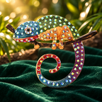 Multicolor Jeweled Chameleon Brooch — styled background