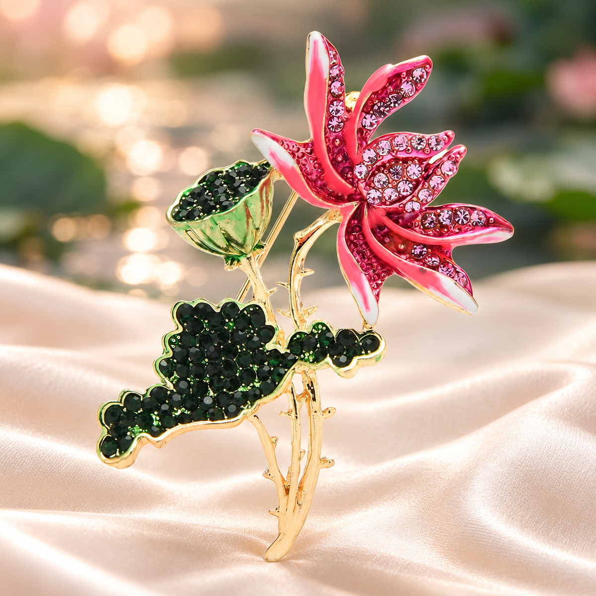 Pink Lotus Flower and Leaf Brooch — styled background