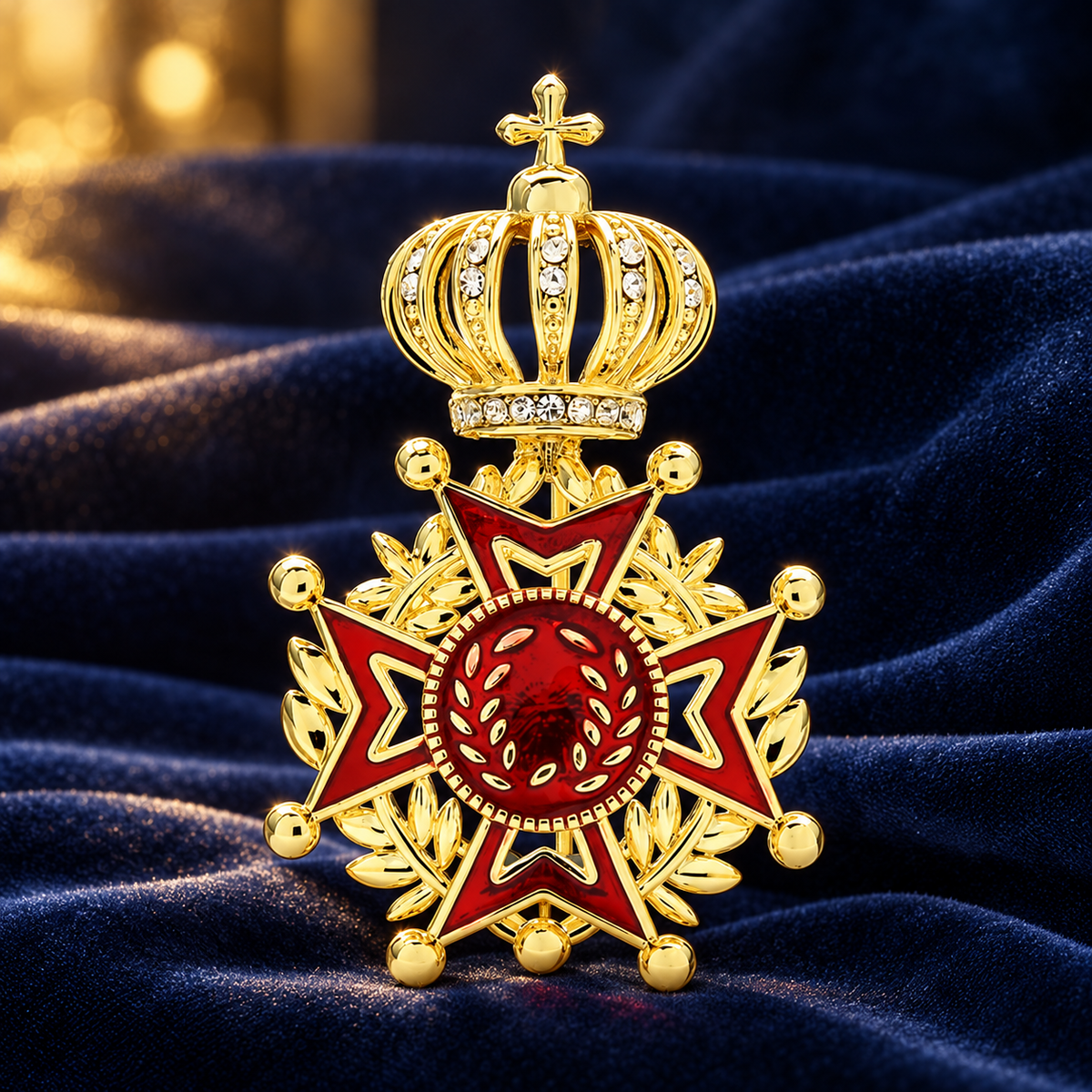 Red Enamel Crown and Star Brooch — styled background