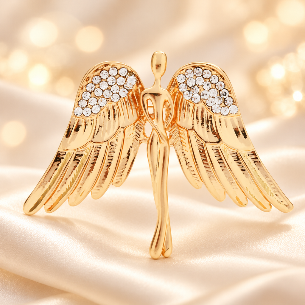 Sculpted Angel with Open Wings Brooch — styled background
