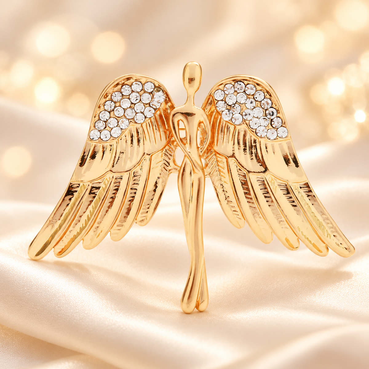 Sculpted Angel with Open Wings Brooch — styled background