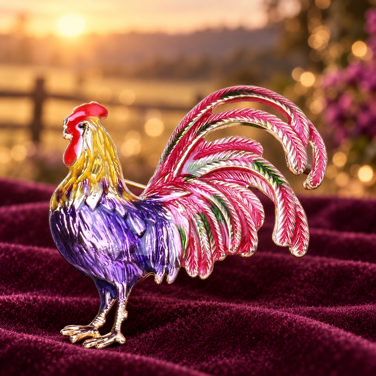 Enamel Sweeping Tail Rooster Brooch — styled background