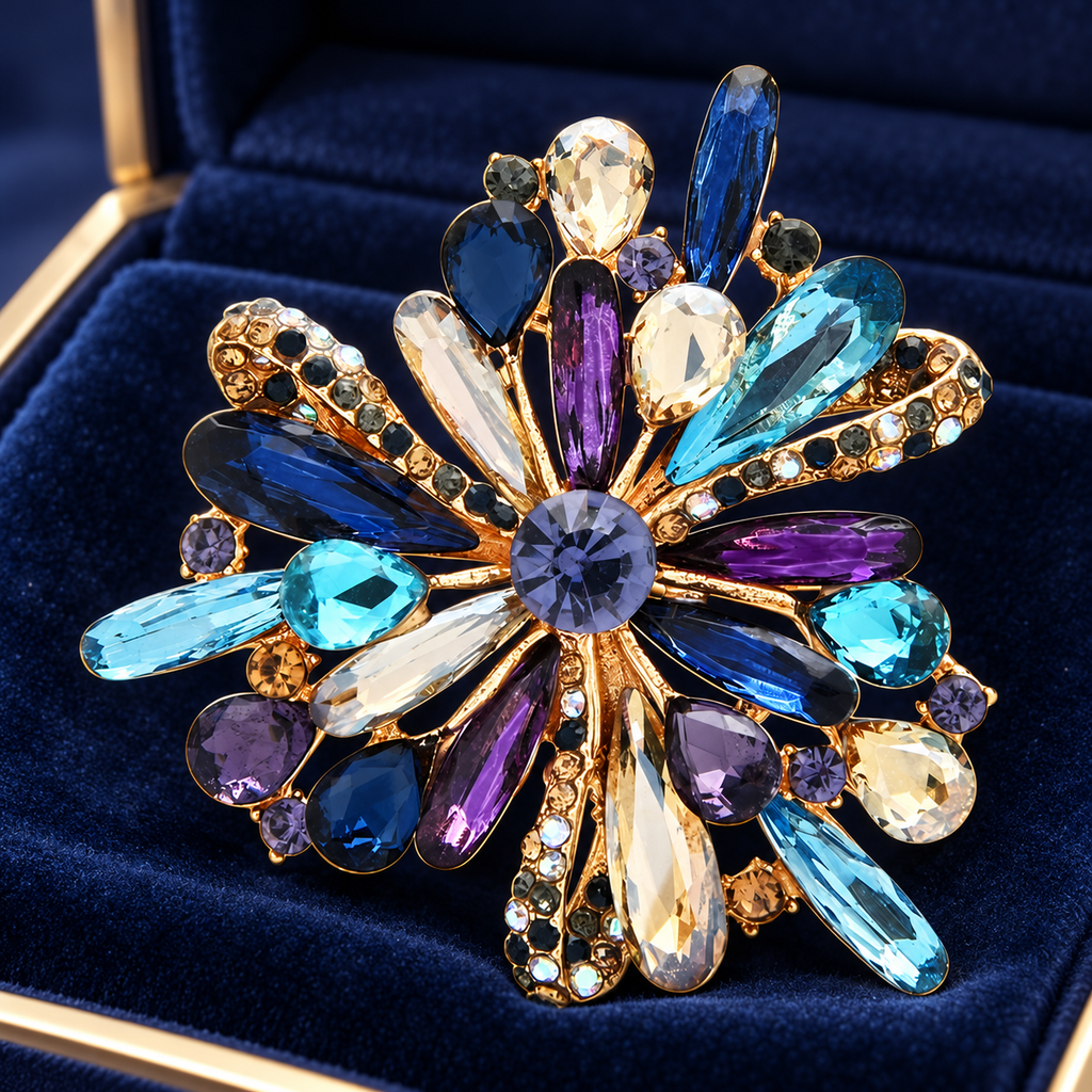 Multicolor Marquise Flower Brooch — styled background