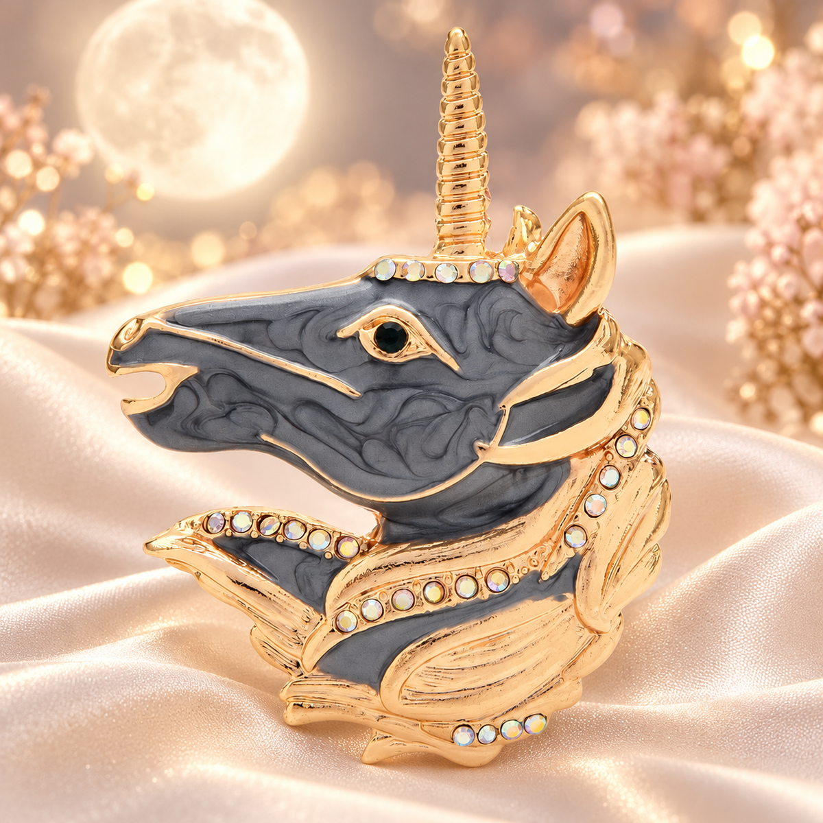 Enamel Unicorn Head Brooch — styled background