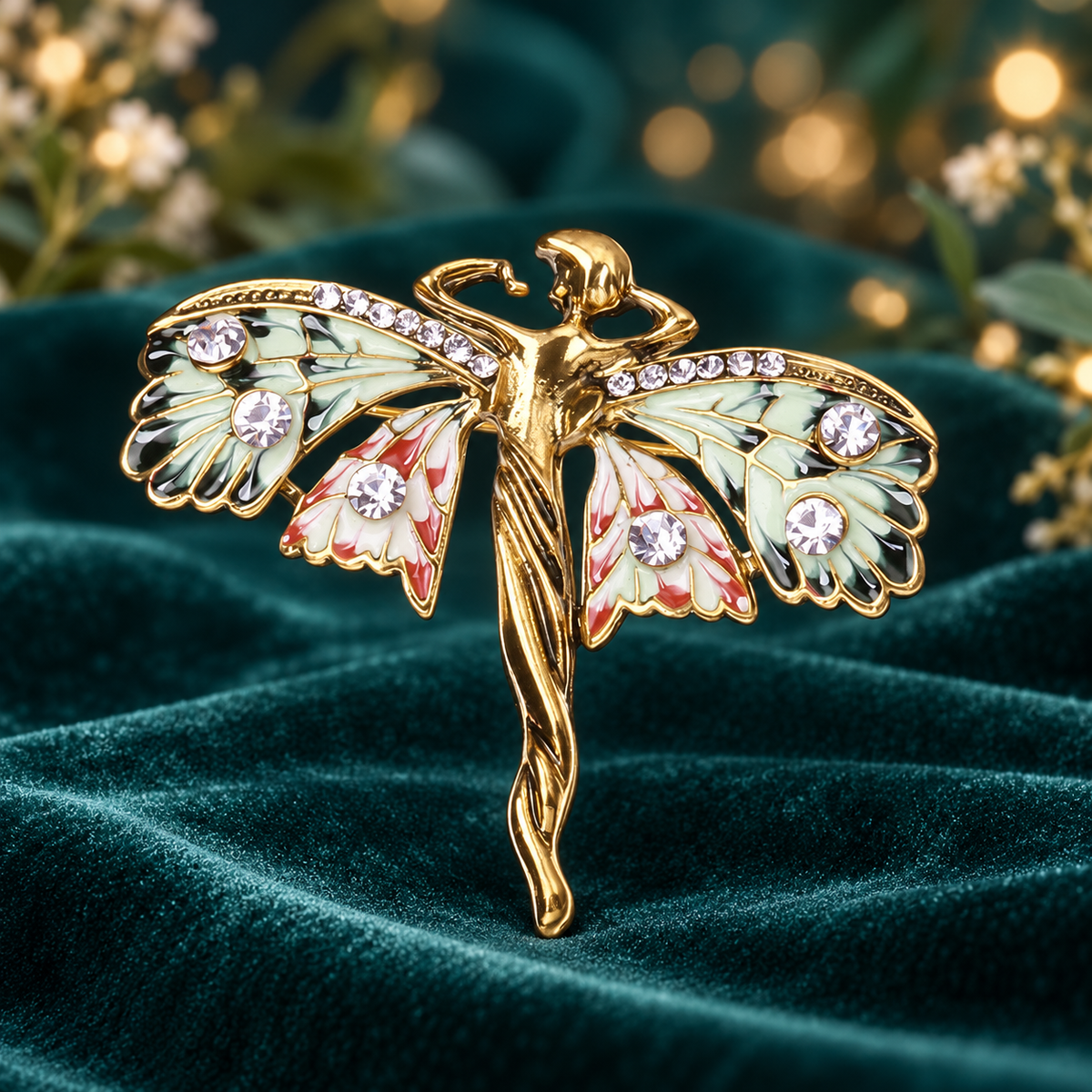 Jeweled Butterfly Wing Fairy Brooch — styled background