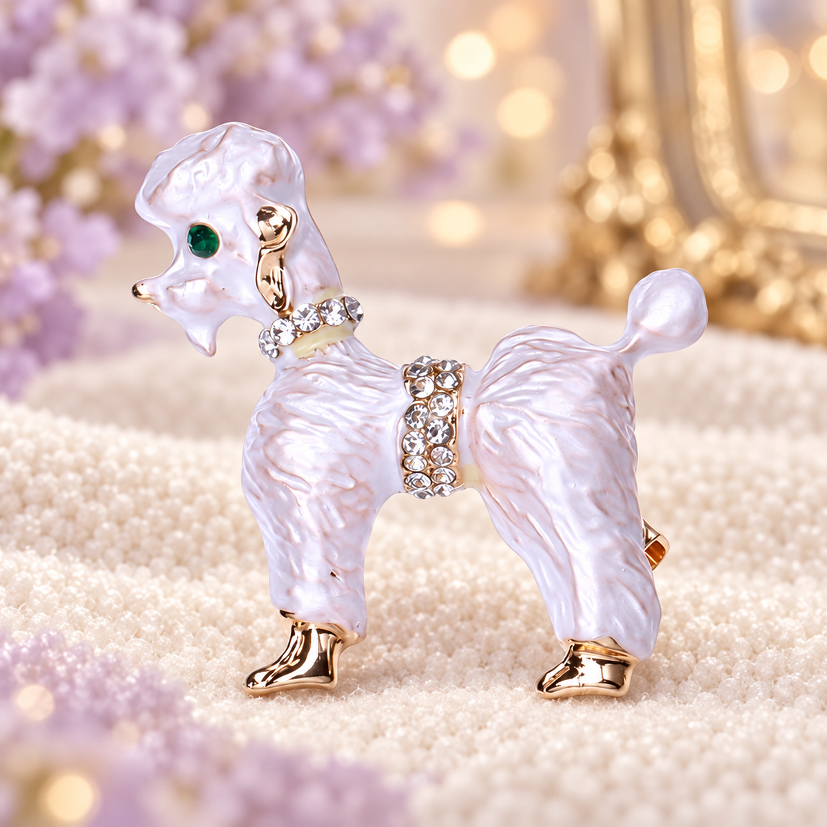 Enamel Poodle with Jeweled Collar Brooch — styled background
