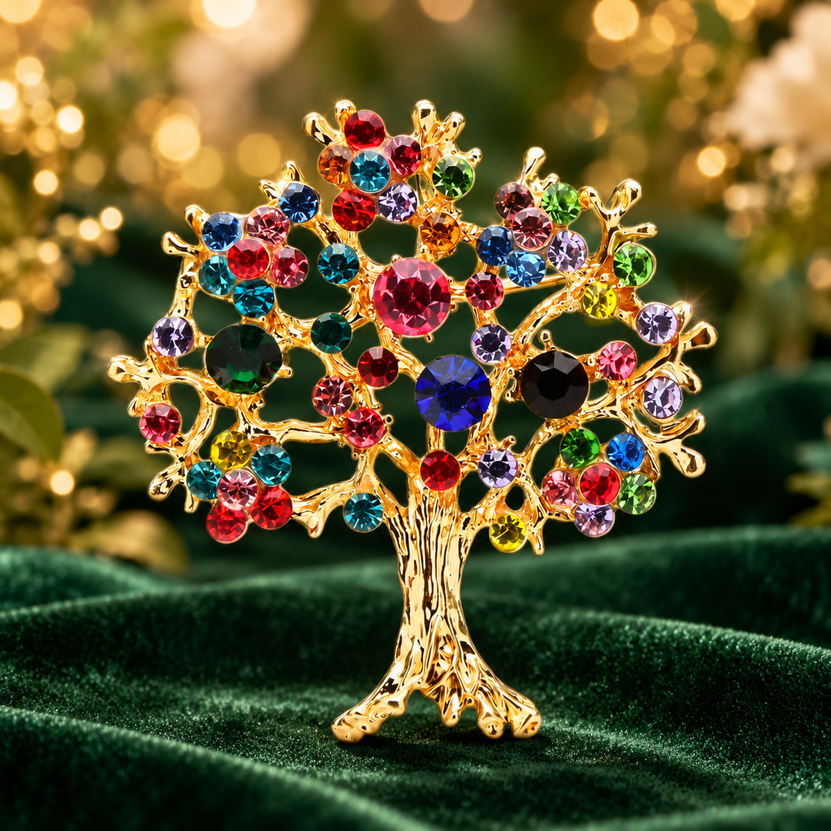 Multicolor Jeweled Tree Brooch — styled background