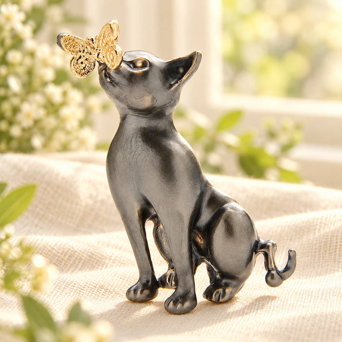 Grey Cat with Butterfly Brooch — styled background